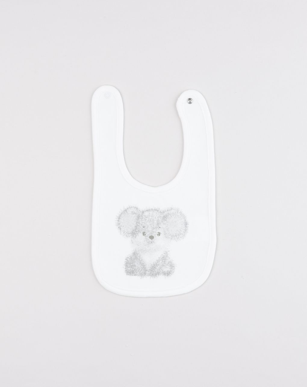 Bavaglino neonato in cotone bianco con stampa koala grigio