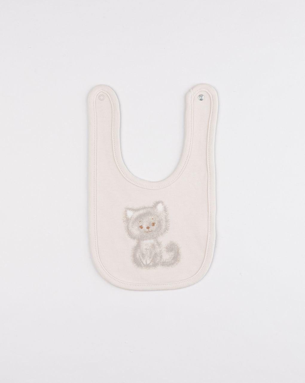Bavaglino neonato in cotone beige con stampa gattino