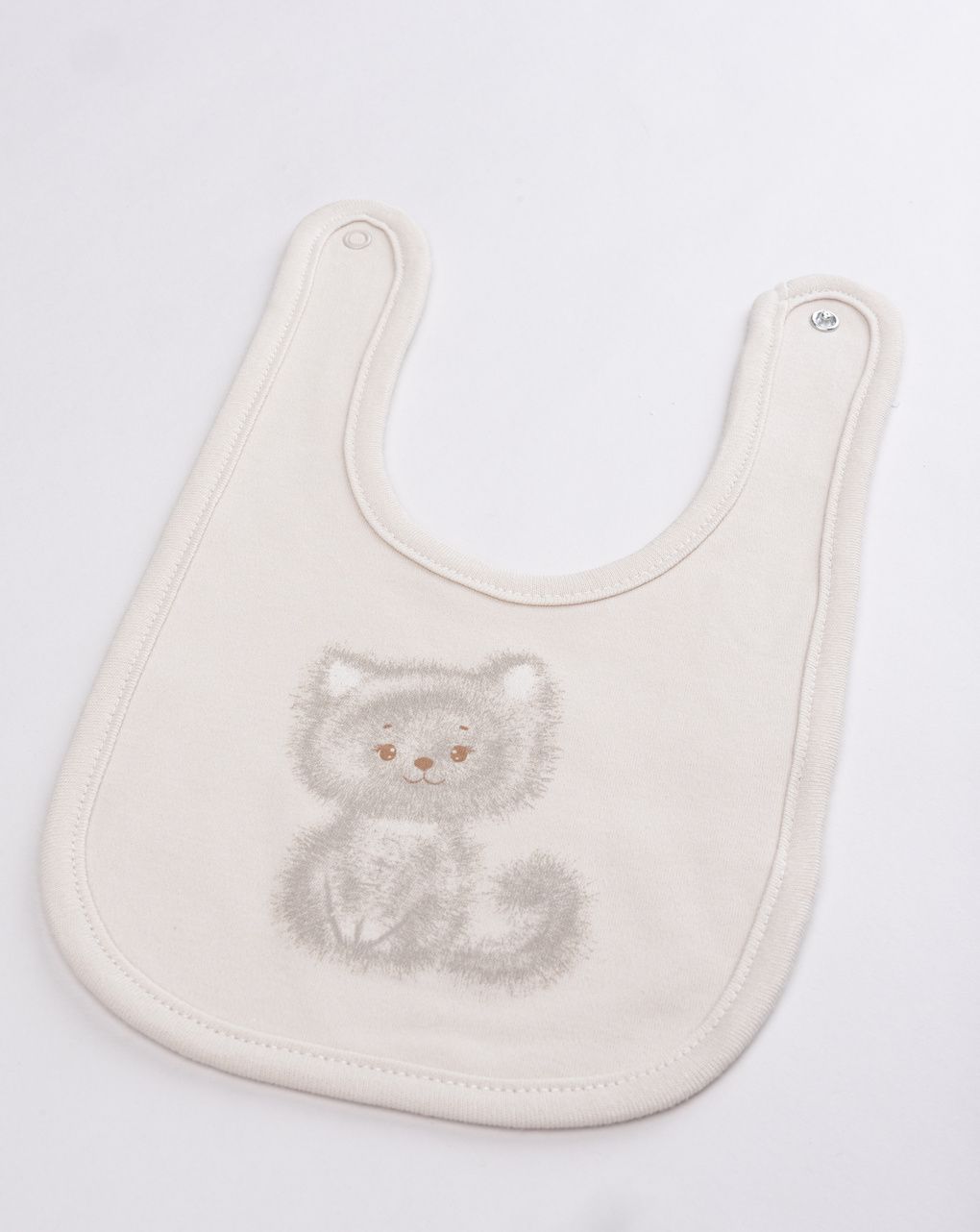 Bavaglino neonato in cotone beige con stampa gattino