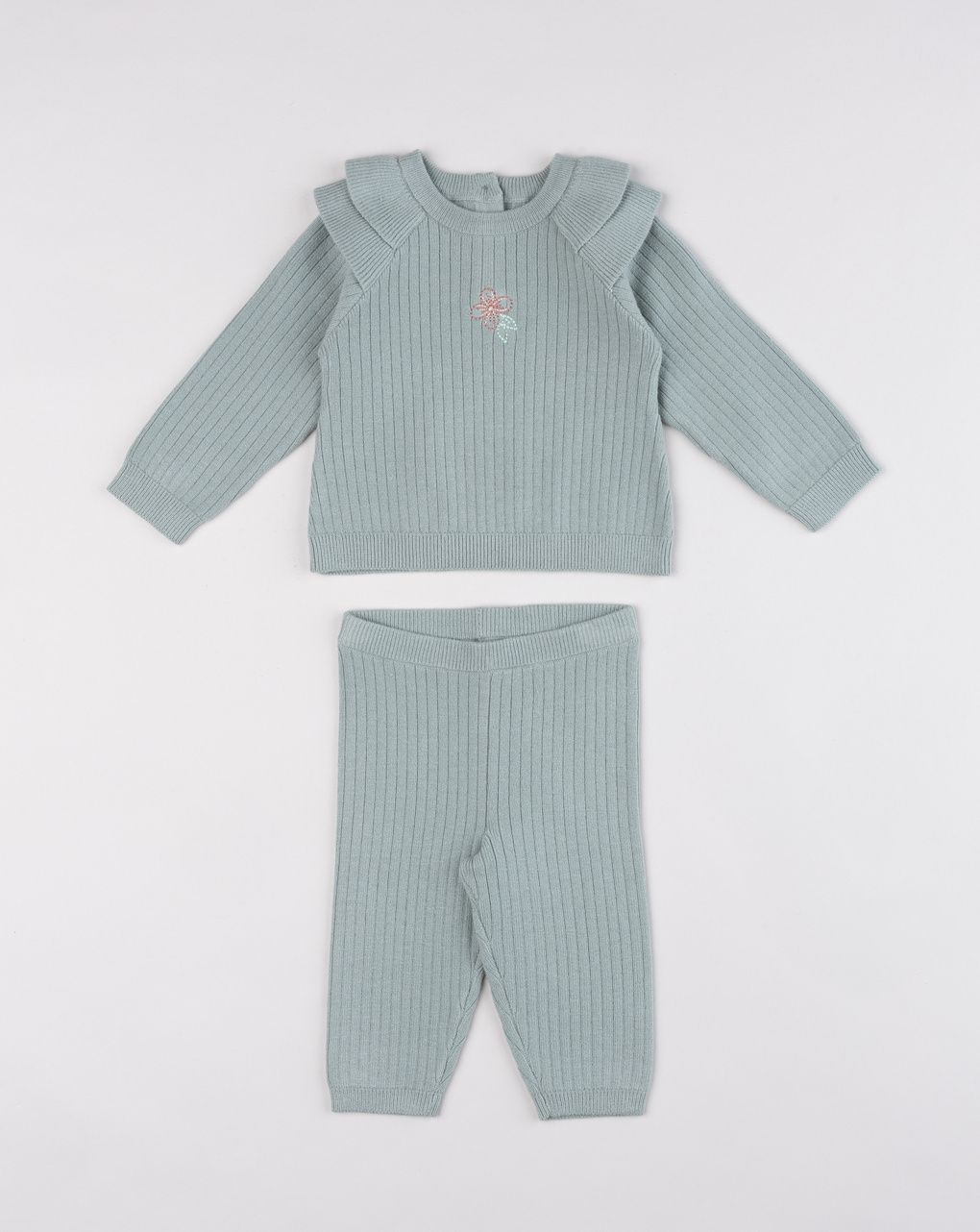 Jogger bimba verde salvia con fiore ricamato e volant