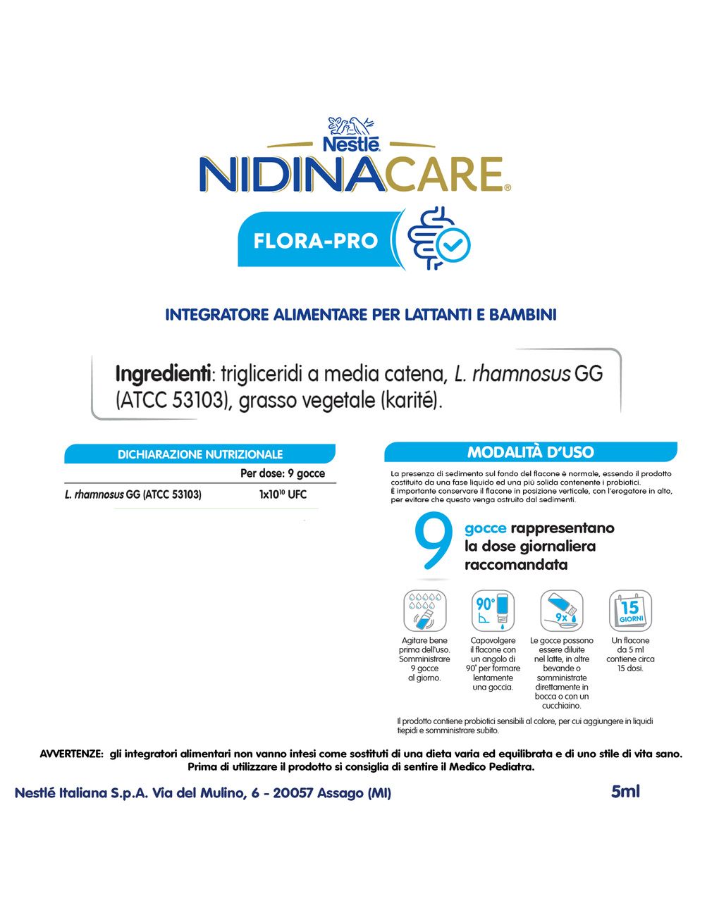 Nidinacare flora-pro integratore alimentare dalla nascita, flacone 5ml - nestle'