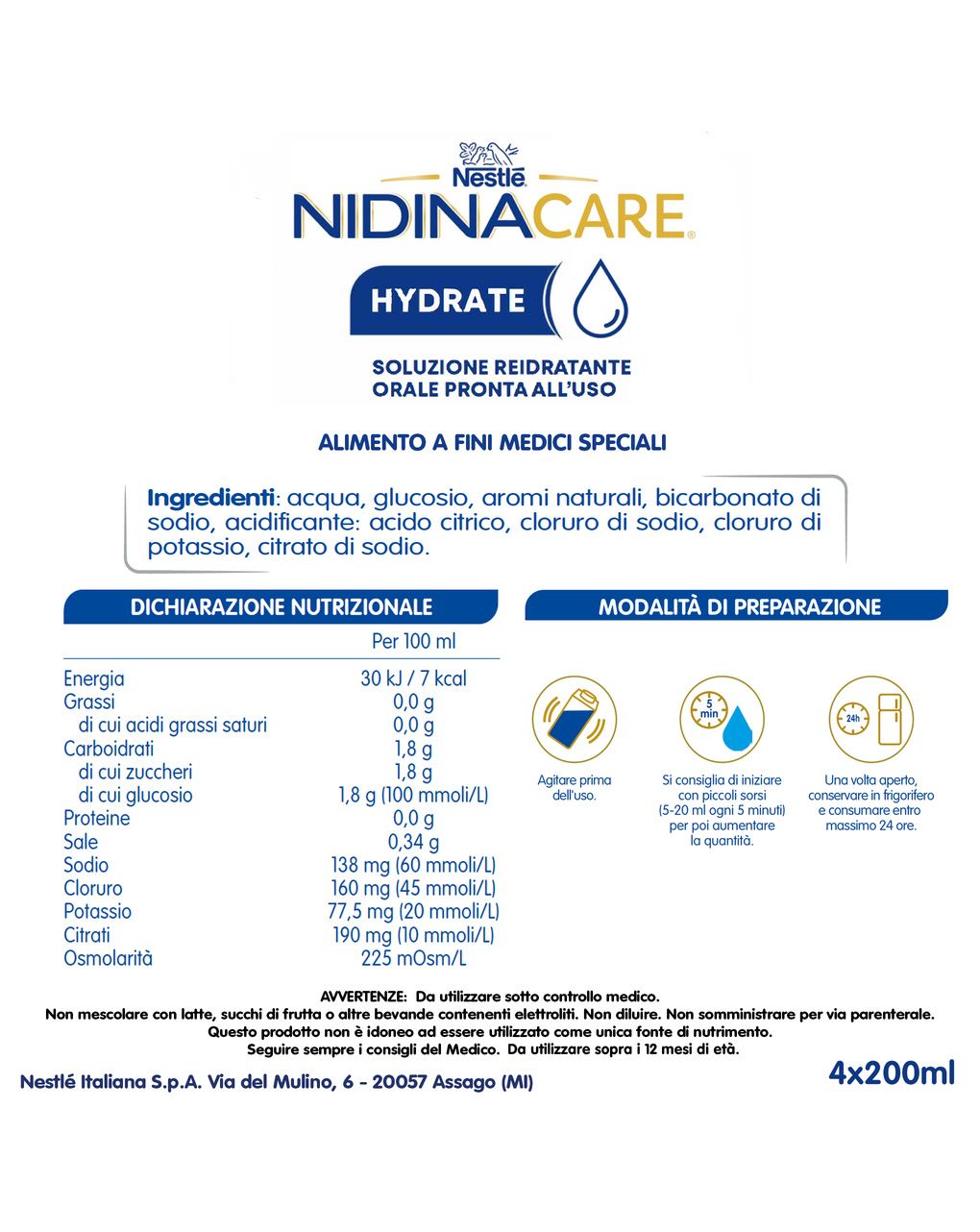 Nidinacare hydrate alimento a fini medici speciali, 4 brick da 200ml - nestle'