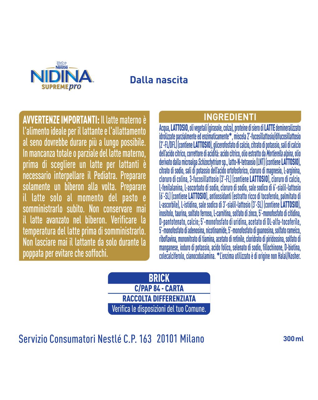 Nidina supremepro 1 latte per lattanti liquido dalla nascita, brick da 300ml - nestle'