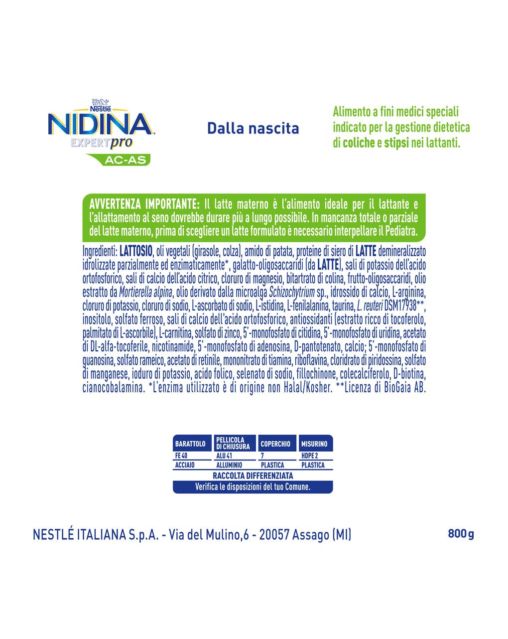 Nidina expertpro ac-as alimento a fini medici speciali in polvere, 800g - nestle'