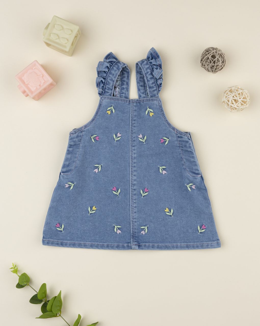 Abito denim bimba ricami allover