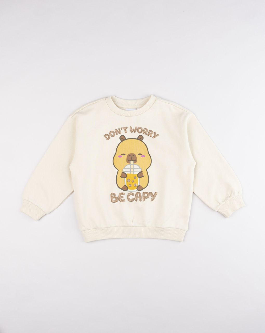 Felpa girocollo bambina capibara "don't worry be capy" panna