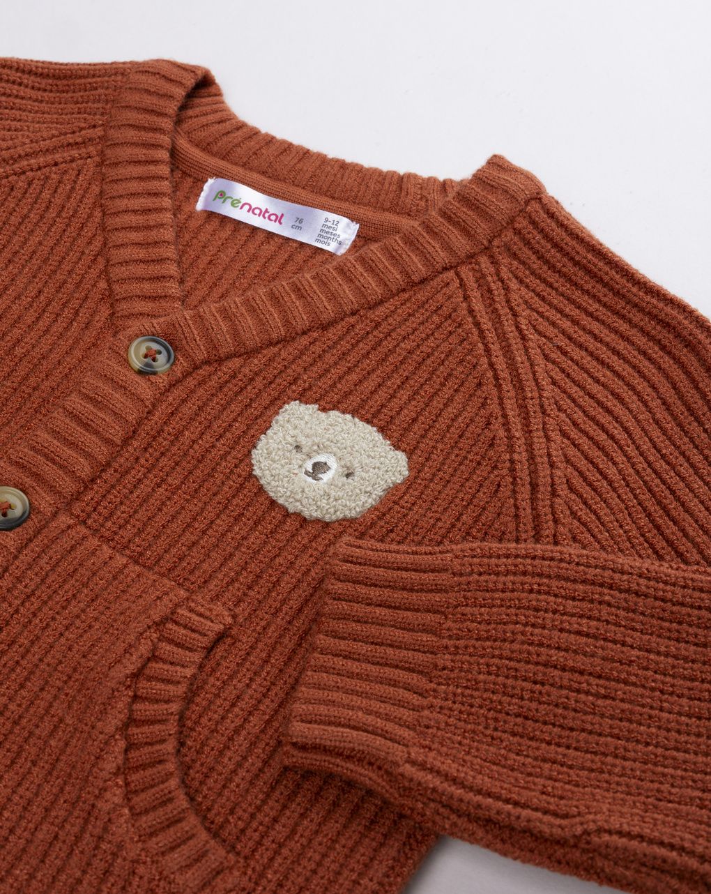 Cardigan bimbo in maglia a coste ruggine con orsetto