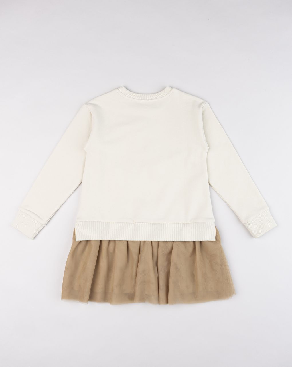 Abito felpato bambina con gonna in tulle beige/marrone