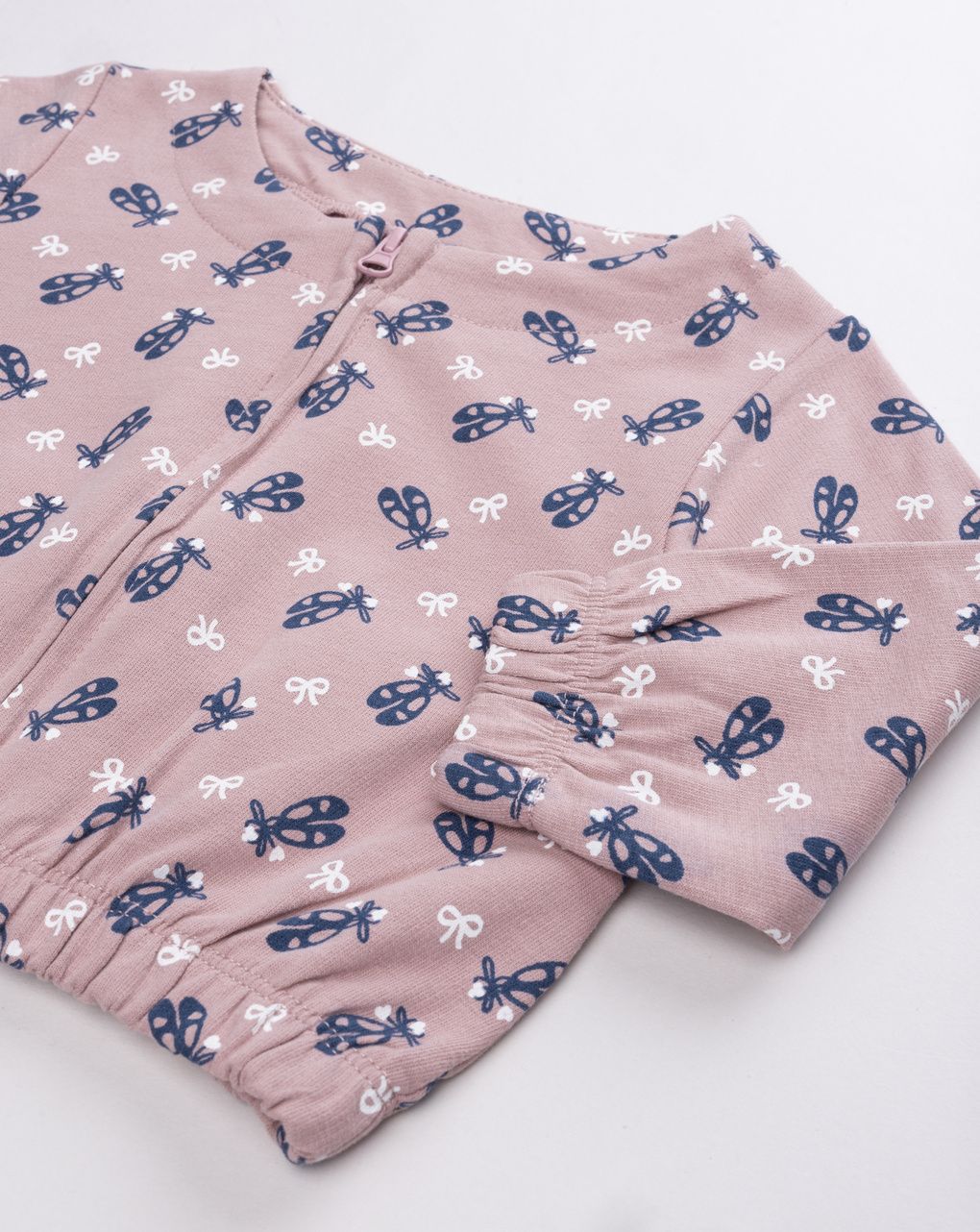 Cardigan garzato zip bambina rosa in cotone con stampa scarpette