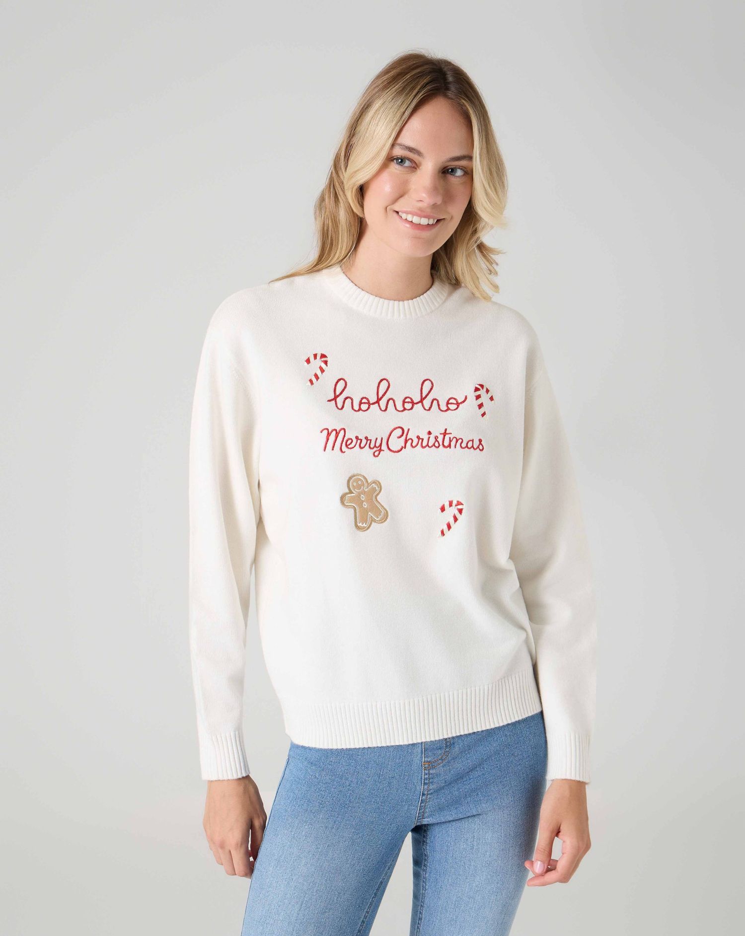 Maglione natalizio donna panna con ricami natalizi – pullover "ho ho ho"