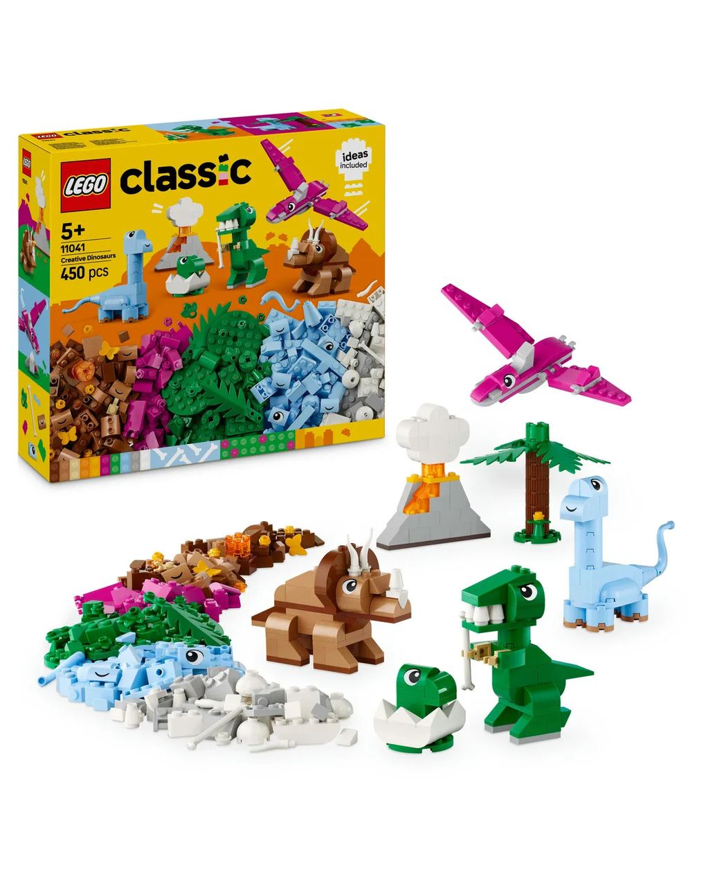 Lego classic 11041 dinosauri creativi, giochi bambini 5+, colorati animali giocattolo da costruire come t. rex e triceratopo