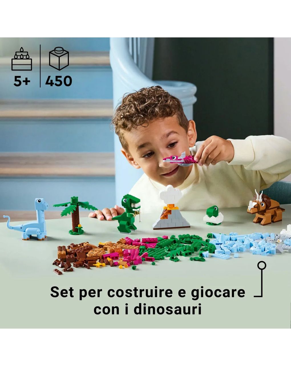 Lego classic 11041 dinosauri creativi, giochi bambini 5+, colorati animali giocattolo da costruire come t. rex e triceratopo