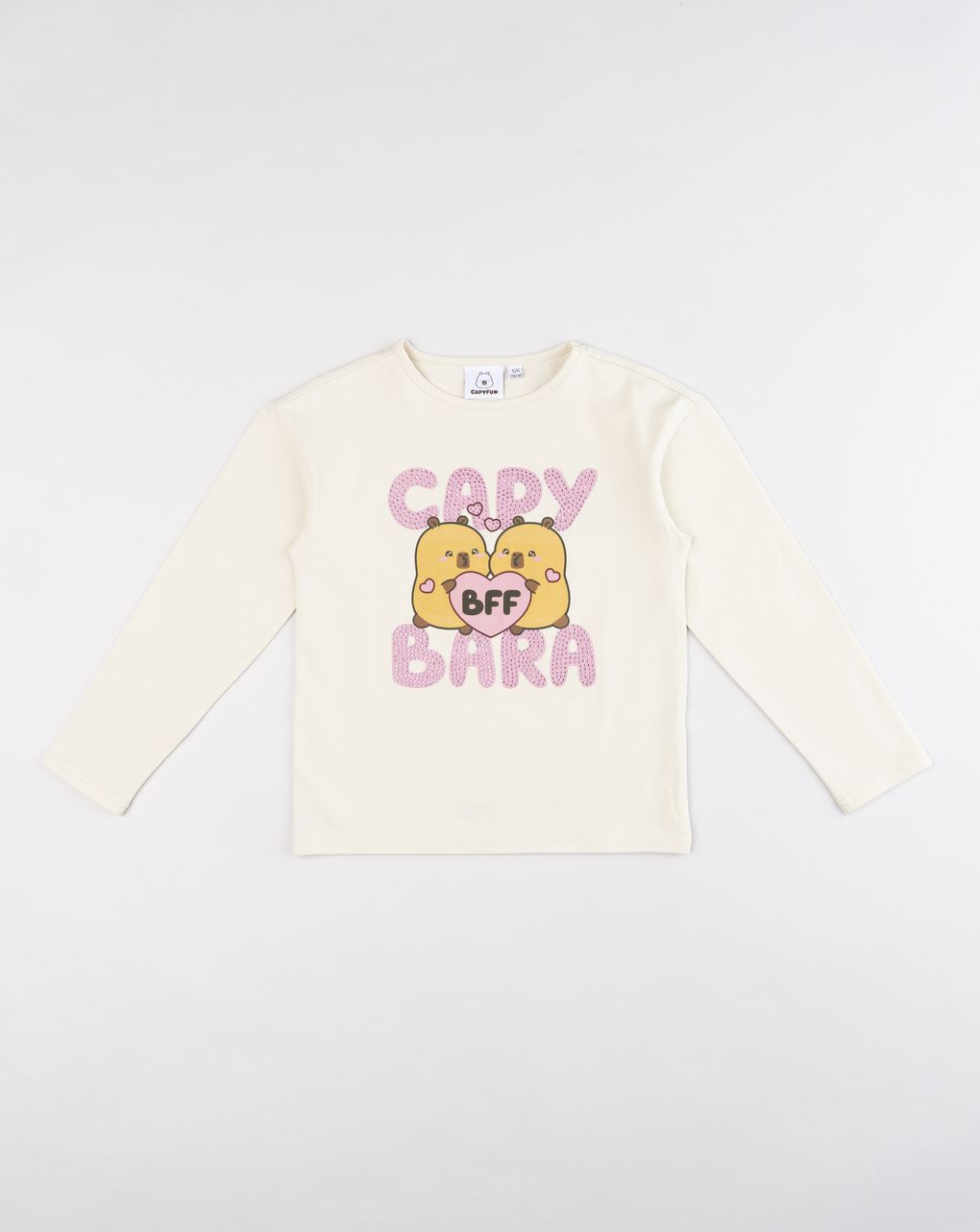 Maglia bambina a maniche lunghe panna con grafica capybara "bff"