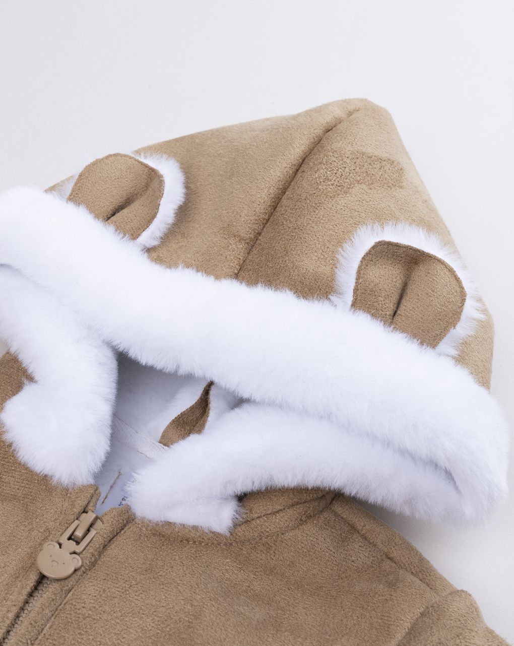 Cappotto neonato effetto scamosciato cappuccio "orsetto"
