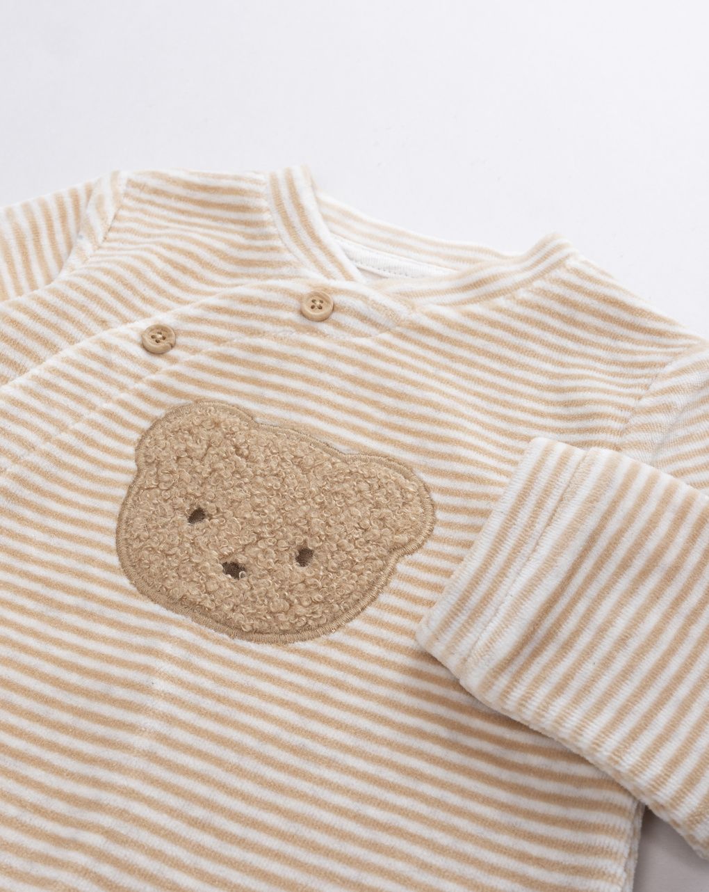 Tutina neonato in ciniglia beige a righe "teddy bear"