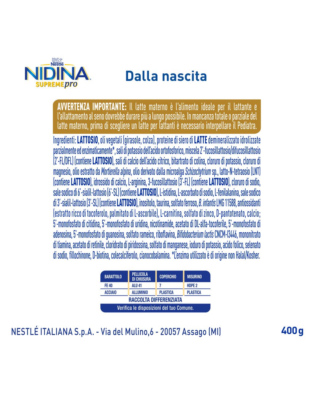 Nidina supremepro 1 latte per lattanti in polvere dalla nascita, latta 400g - nestle'