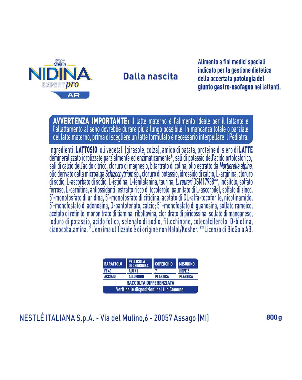 Nidina expertpro ar alimento a fini medici speciali in polvere, latta 800g - nestle'