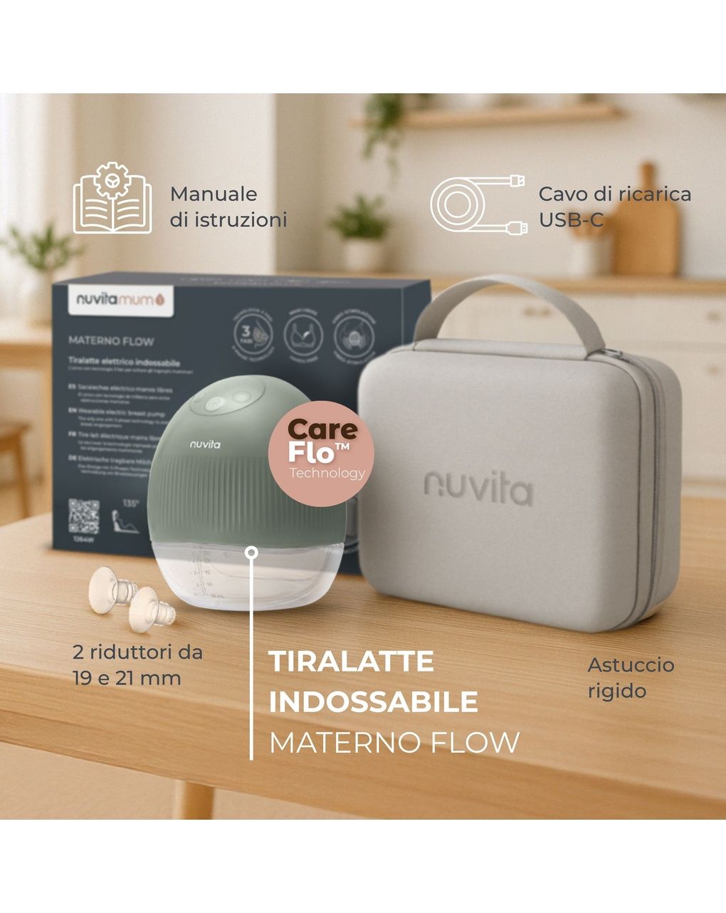 Tiralatte elettrico indossabile singolo matermo flow a 3 fasi - 1264w - nuvita