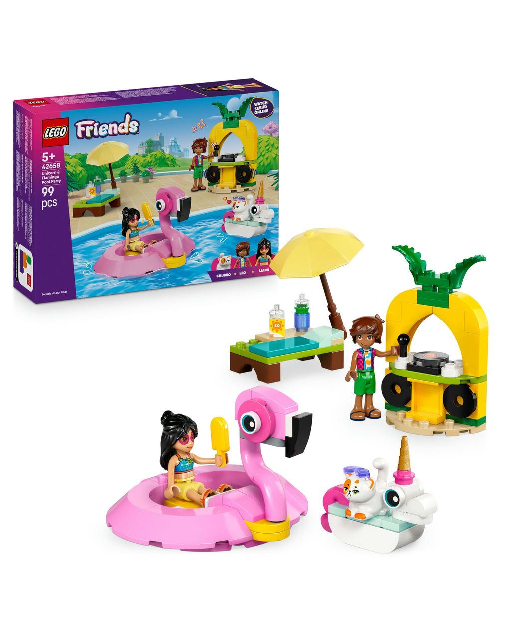 Lego friends 42658 pool party unicorno: 2 mini bamboline, gatto 5+