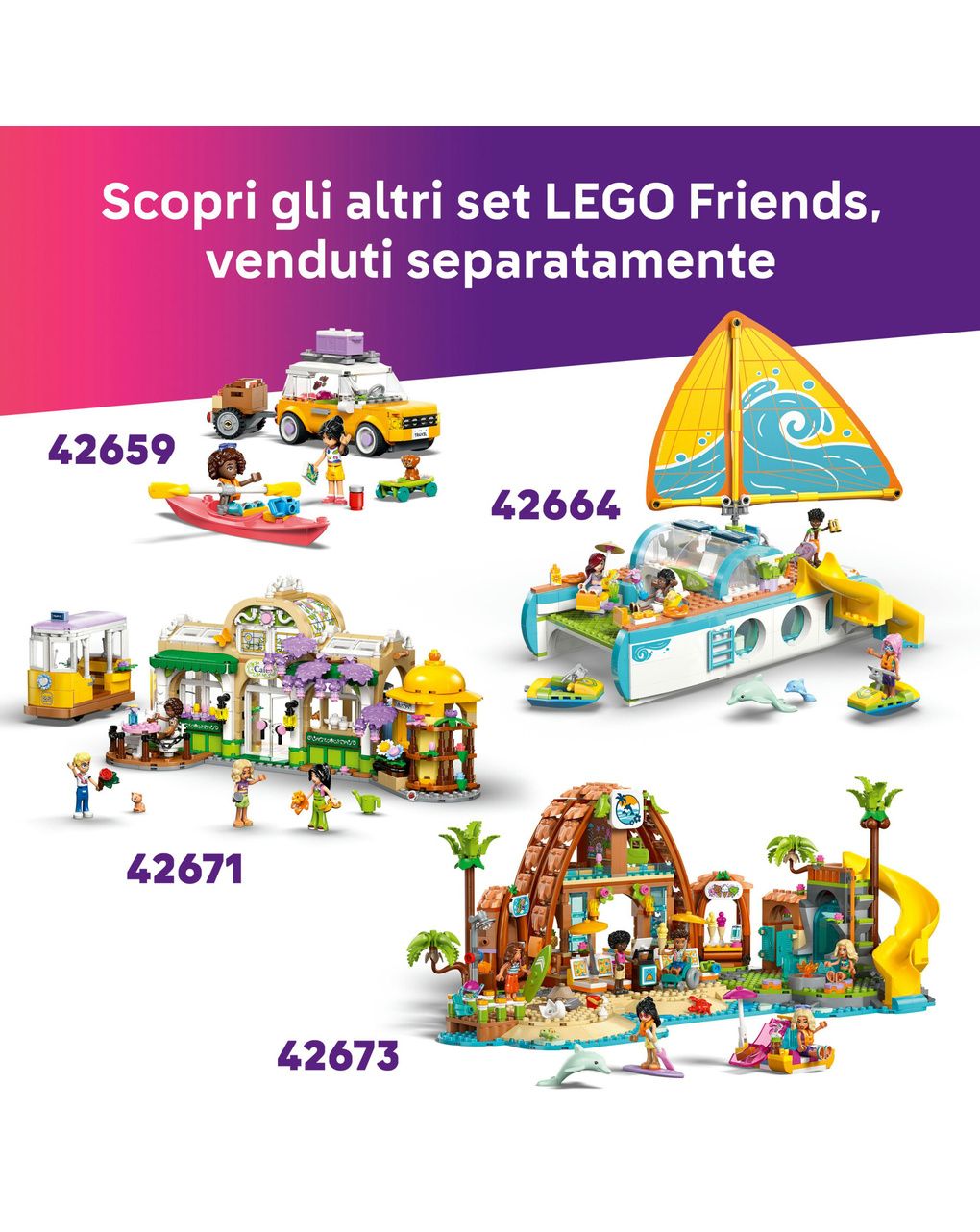 Lego friends 42658 pool party unicorno: 2 mini bamboline, gatto 5+