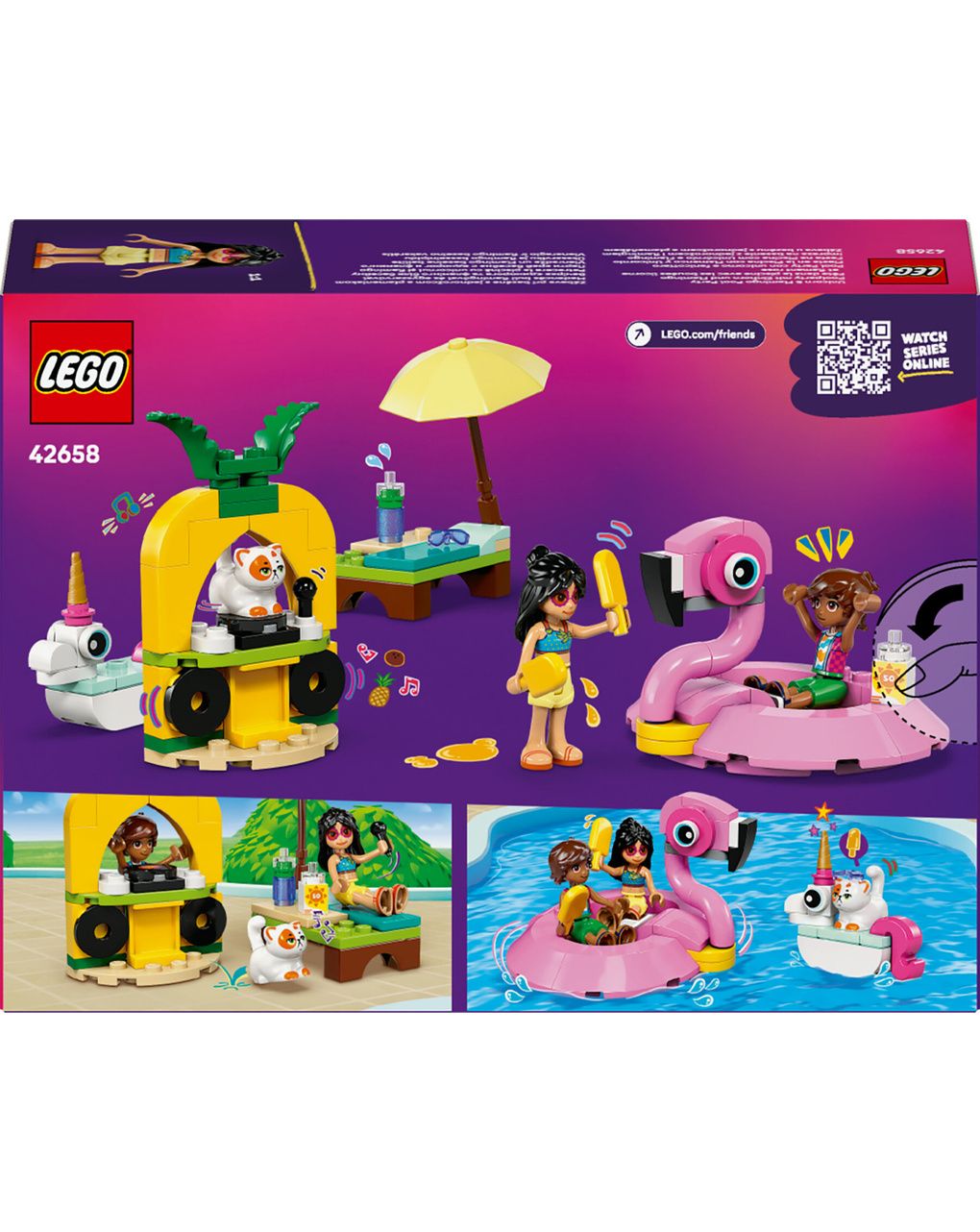 Lego friends 42658 pool party unicorno: 2 mini bamboline, gatto 5+