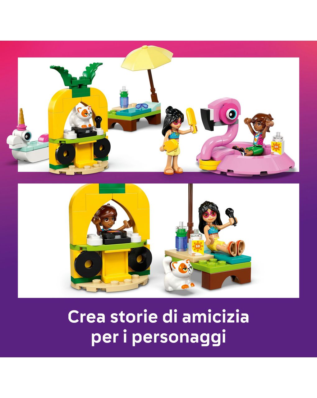 Lego friends 42658 pool party unicorno: 2 mini bamboline, gatto 5+