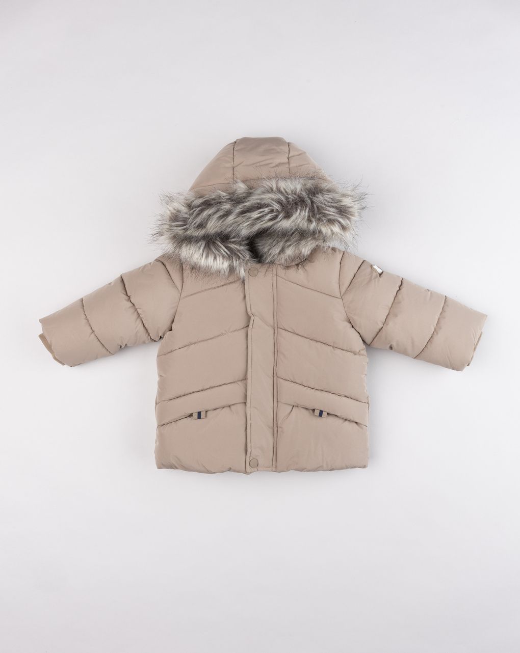 Giubbotto imbottito bimbo beige con cappuccio in finta pelliccia