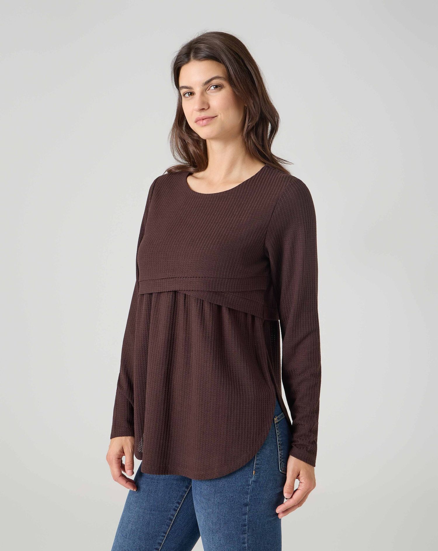 T-shirt allattamento a manica lunga marrone tessuto waffle