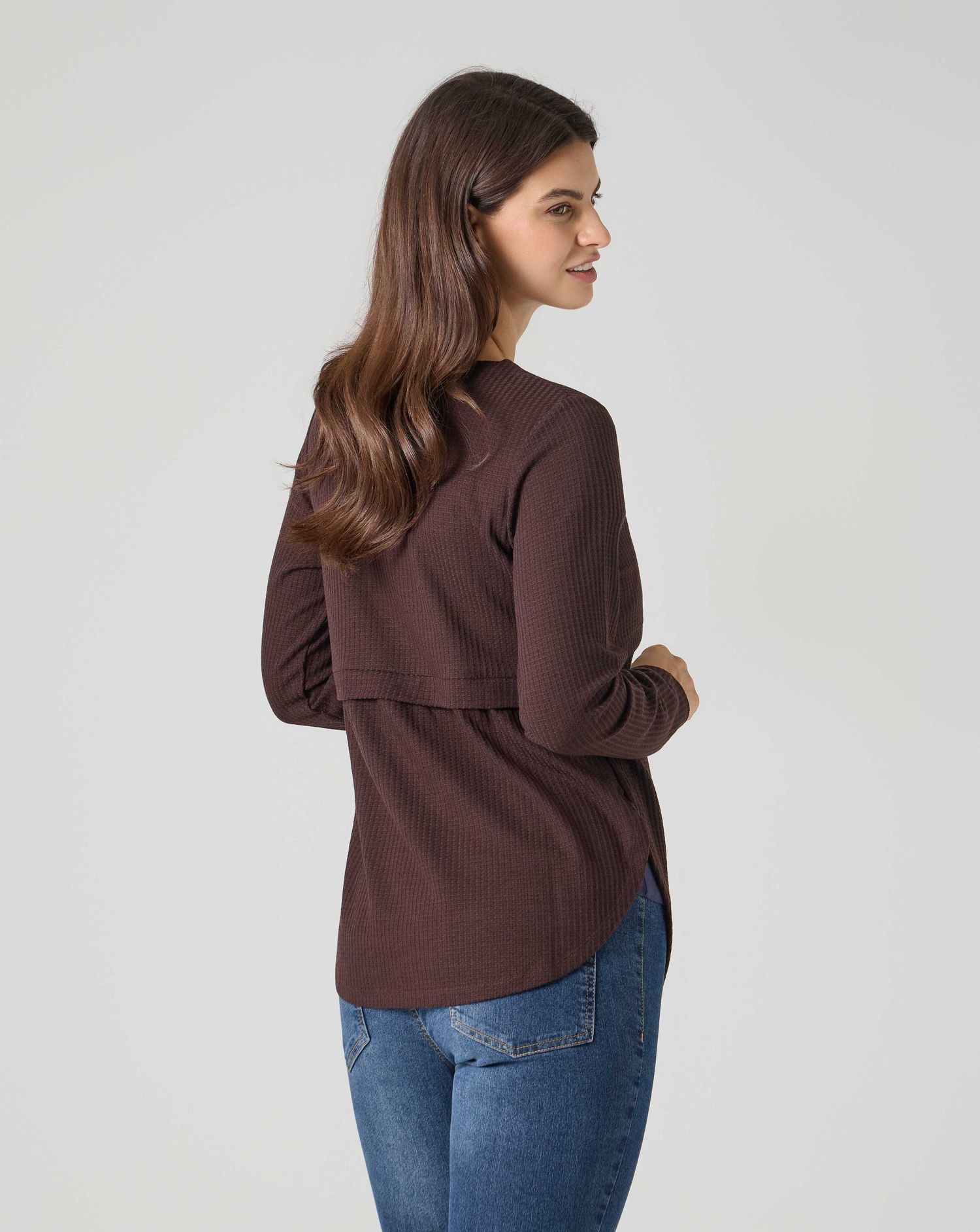 T-shirt allattamento a manica lunga marrone tessuto waffle