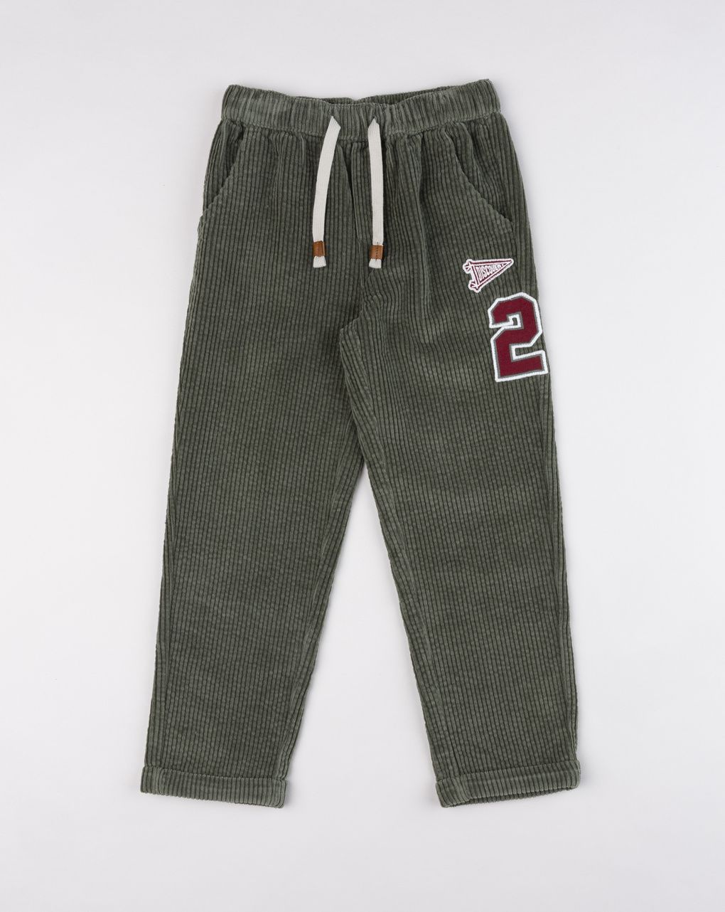 Pantaloni bambino in velluto a coste verde militare "varsity"