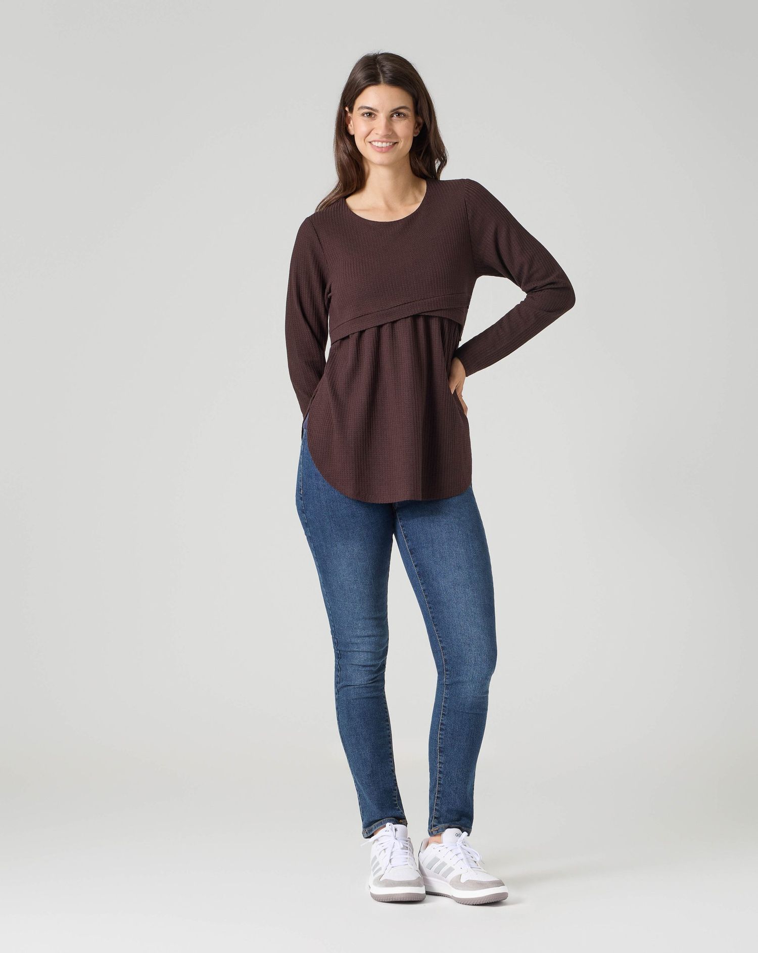 T-shirt allattamento a manica lunga marrone tessuto waffle