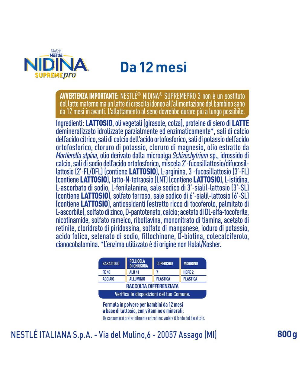 Nidina supremepro 3 latte di crescita polvere da 12 mesi, latta 800g - nestle'