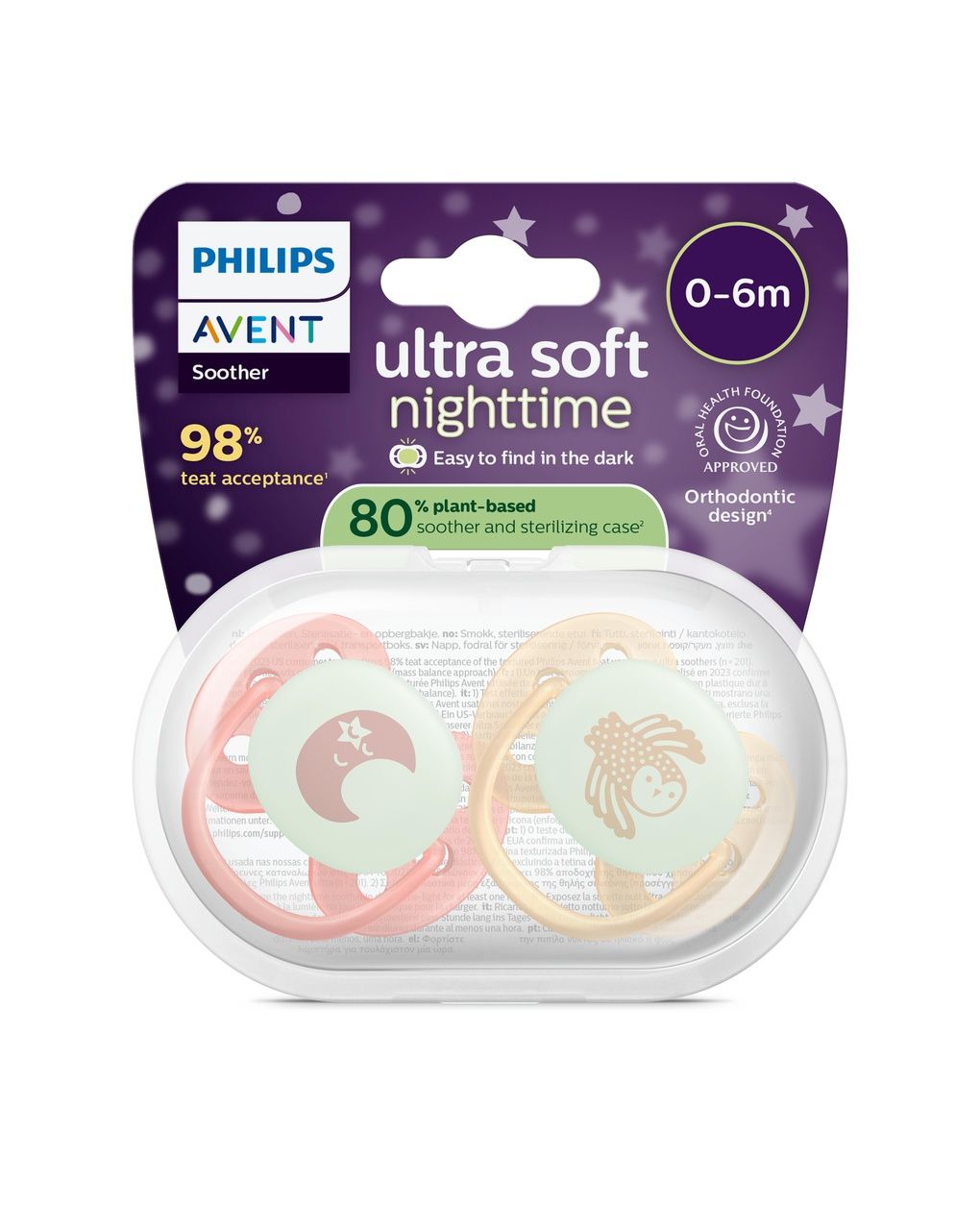 Succhietto ultra soft notte 0-6m cappuccio fluorescente no bpa per pelli sensibili - philips avent
