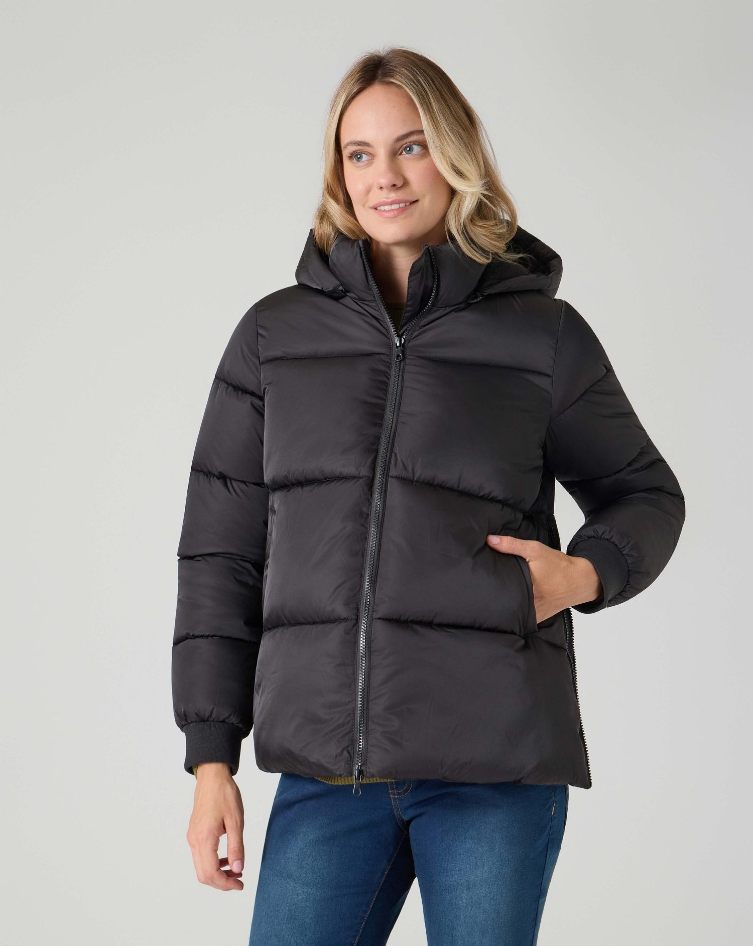 Piumino premaman con cappuccio e zip nero