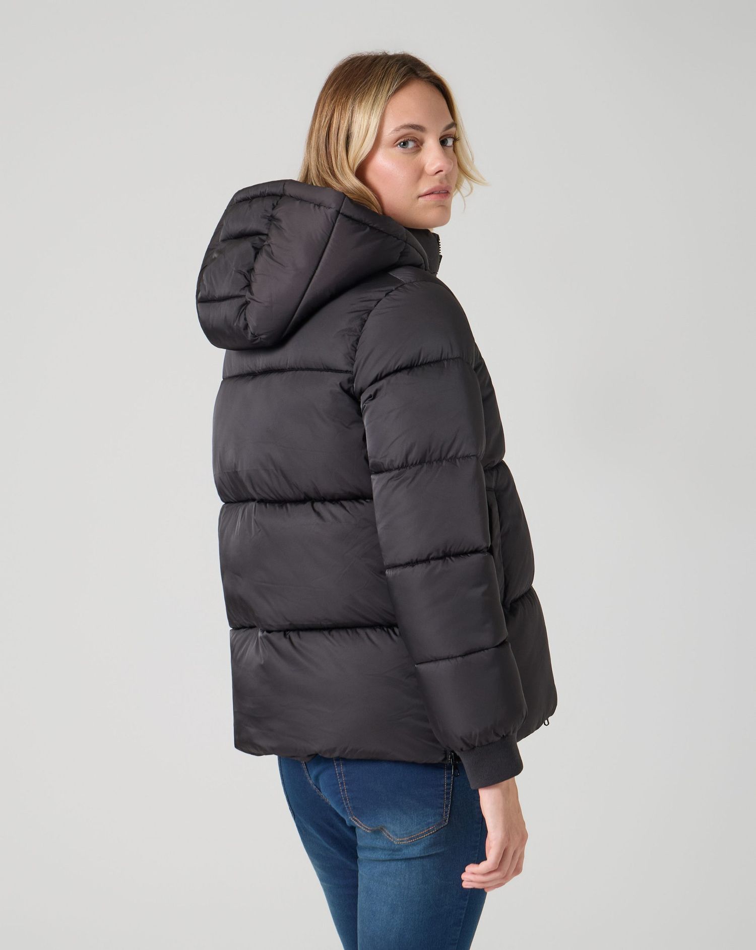 Piumino premaman con cappuccio e zip nero