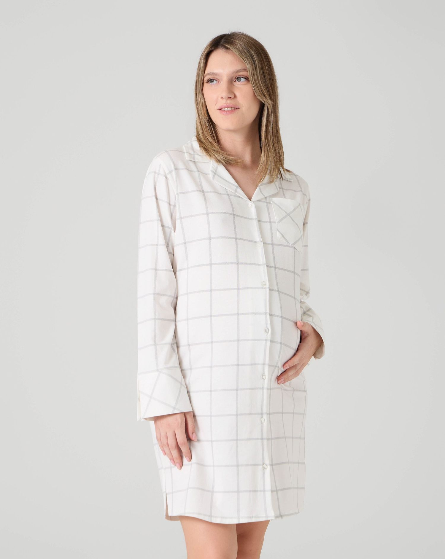 Camicia da notte premaman motivo a quadri panna