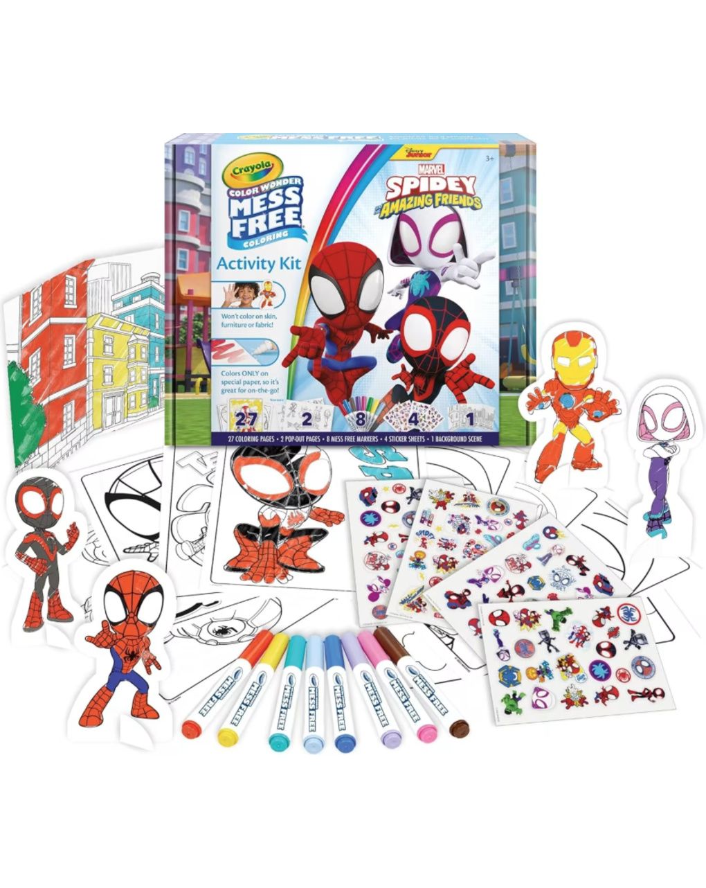 Crayola, color wonder, activity set, spidey, 40+ pezzi, pagine da colorare, pennarelli senza macchia, adesivi, personaggi pop-up