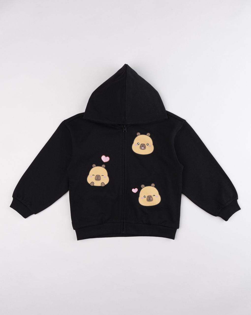 Felpa bambina nera con cappuccio e zip grafica capybara e cuoricini