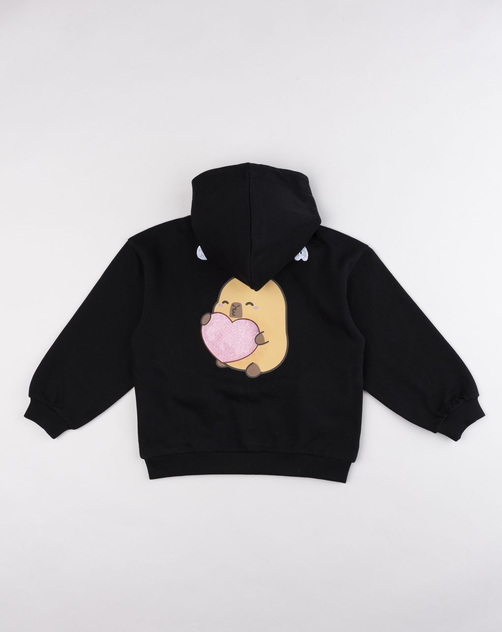 Felpa bambina nera con cappuccio e zip grafica capybara e cuoricini
