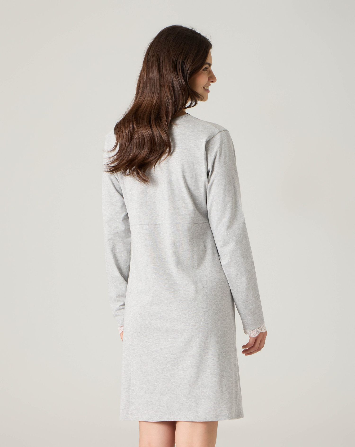 Camicia da notte premaman a maniche lunghe grigio chiaro melange con pizzo