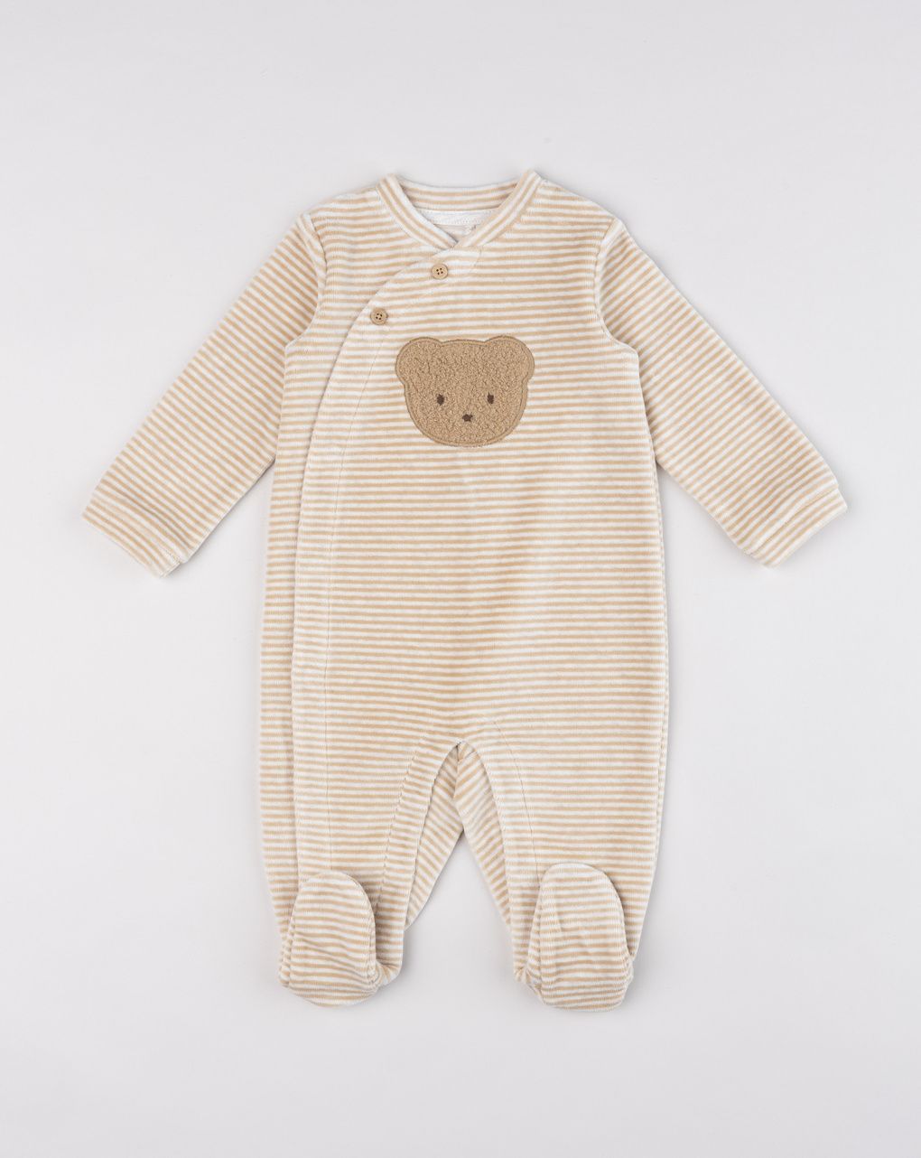 Tutina neonato in ciniglia beige a righe "teddy bear"