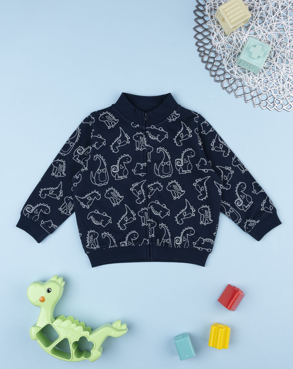 Felpa girocollo garzata bimbo blu stampata dinosauri