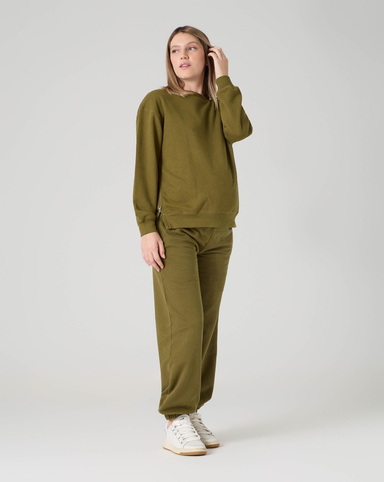 Pantalone premaman in felpa con fascia addominale verde militare