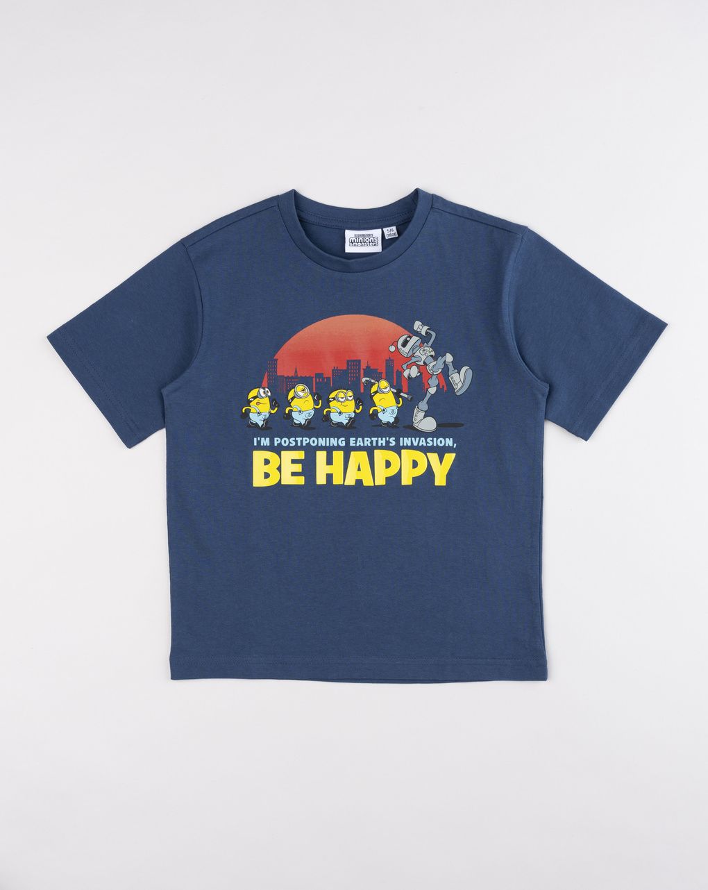 T-shirt bambino blu notte con grafica minions  "be happy"