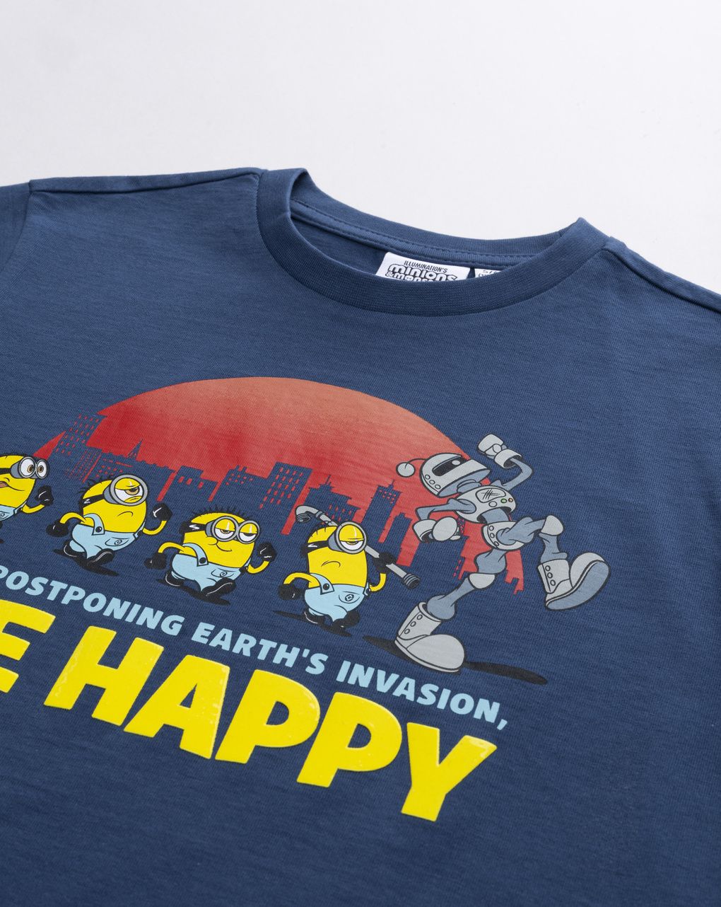 T-shirt bambino blu notte con grafica minions  "be happy"