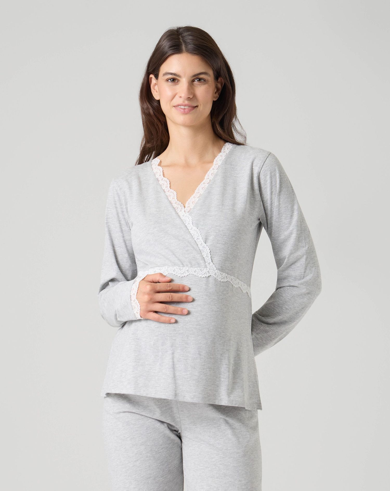 Pigiama due pezzi allattamento grigio chiaro melange con pizzo