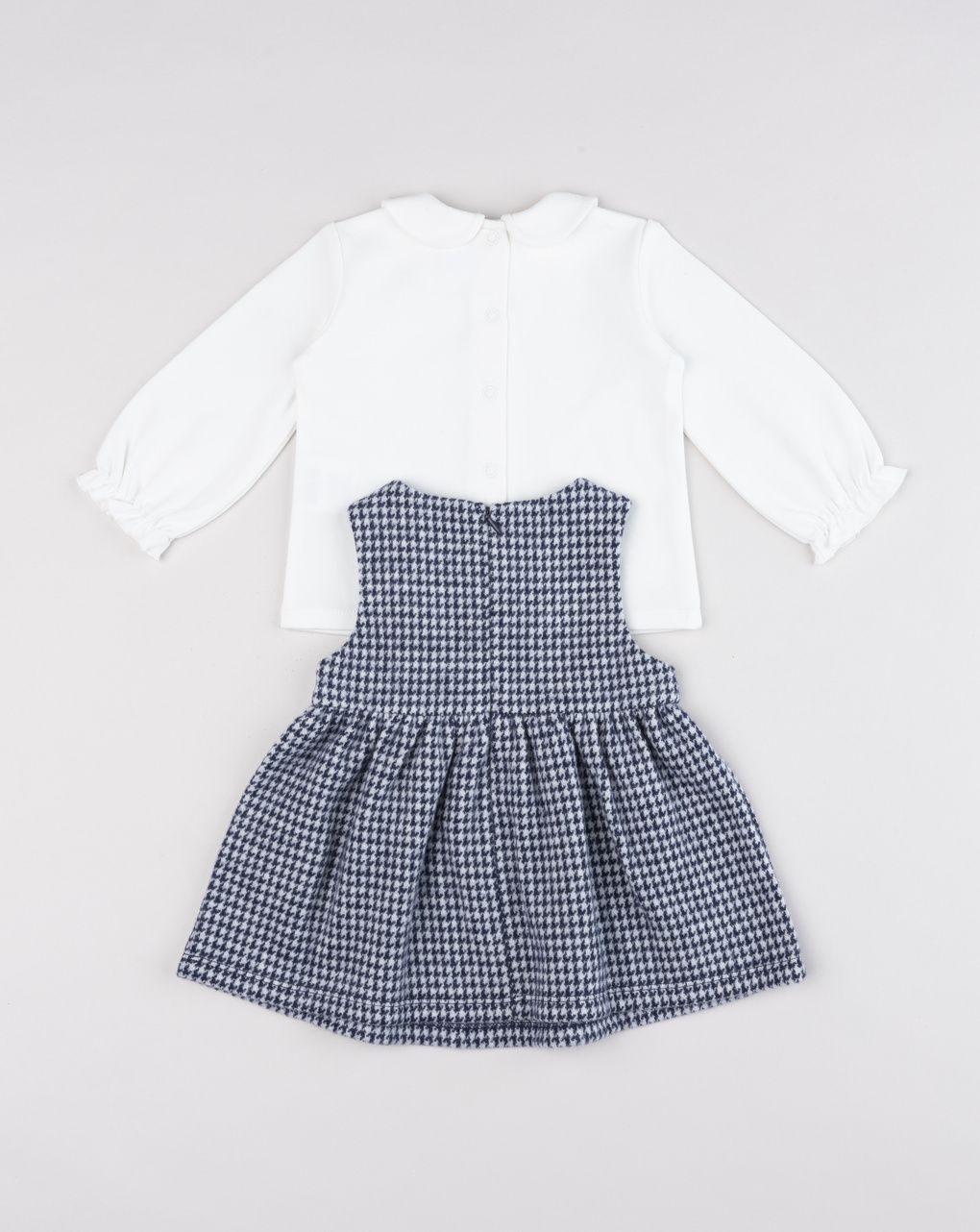 Completo 2 pezzi neonata lupetto bianco e vestito pied-de-poule