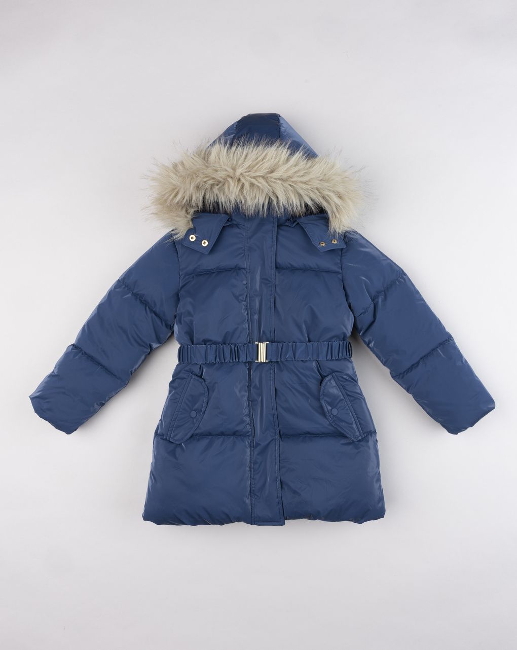 Piumino bambina lungo blu avio con cintura e cappuccio in finta pelliccia
