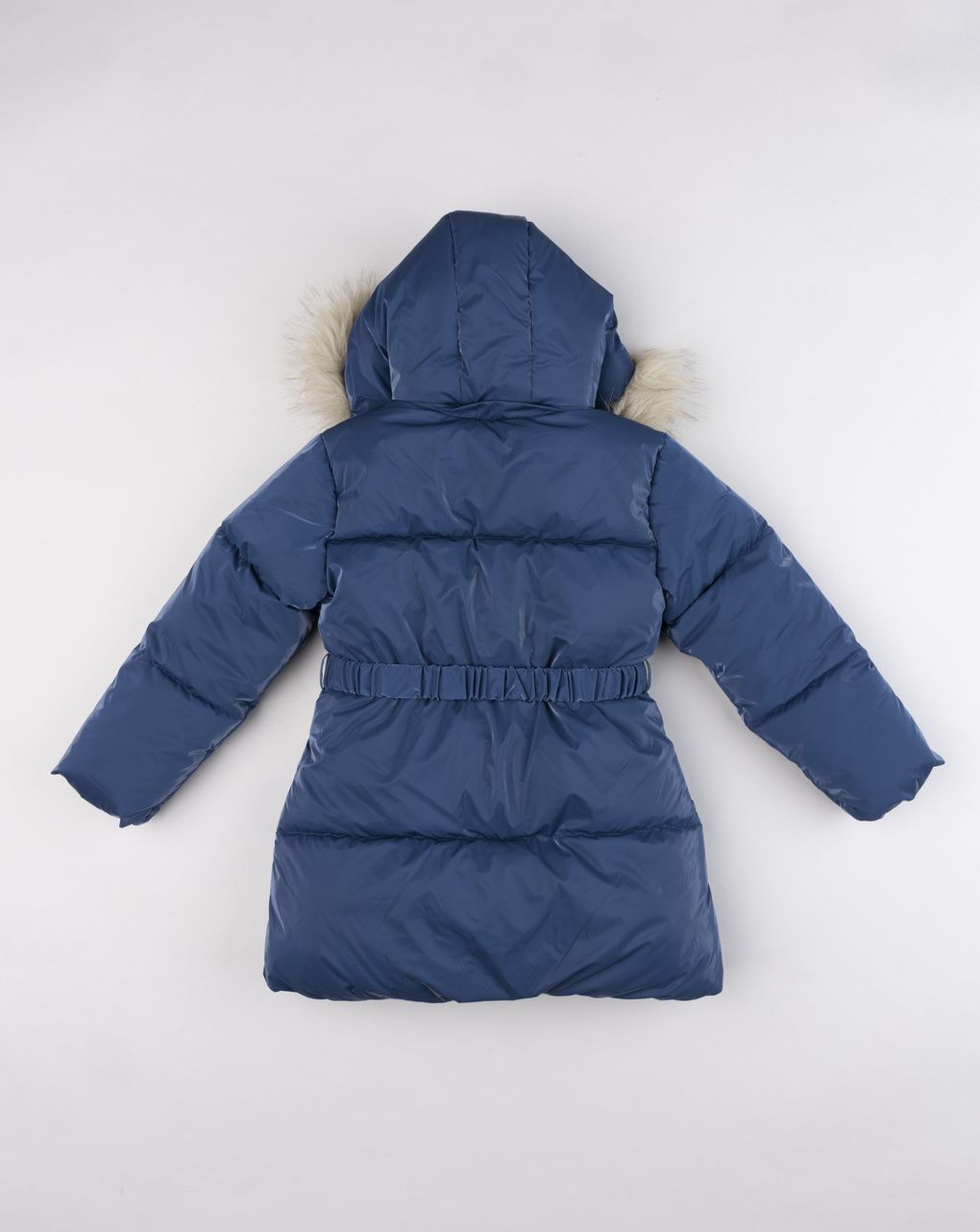 Piumino bambina lungo blu avio con cintura e cappuccio in finta pelliccia