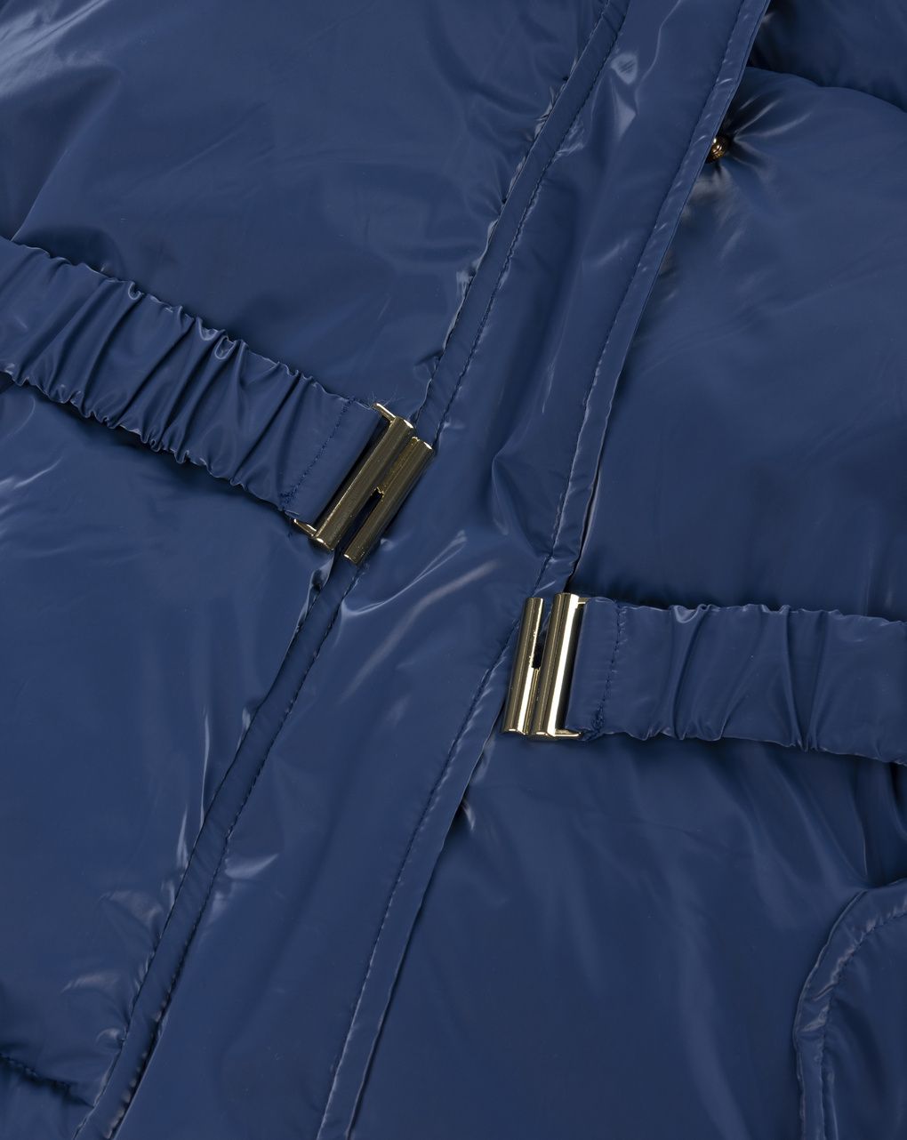 Piumino bambina lungo blu avio con cintura e cappuccio in finta pelliccia